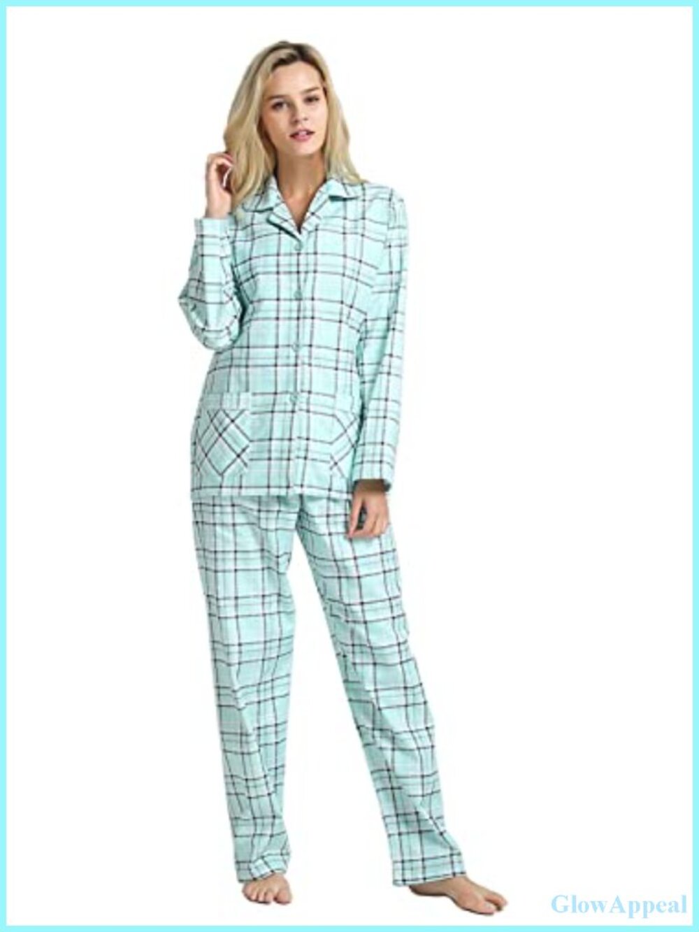 Women's 100% Cotton Flannel Pajama Set Long Sleeve Button Down Drawstring Waist